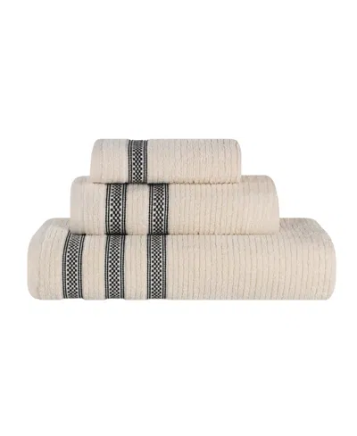 Superior Brea Zero Twist Cotton Ribbed Geometric Border Plush Soft Absorbent 3-piece Towel Set In Brown