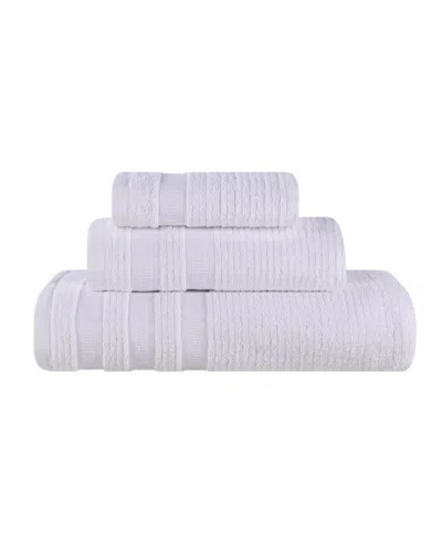 Superior Brea Zero Twist Cotton Ribbed Geometric Border Plush Soft Absorbent 3-piece Towel Set In White