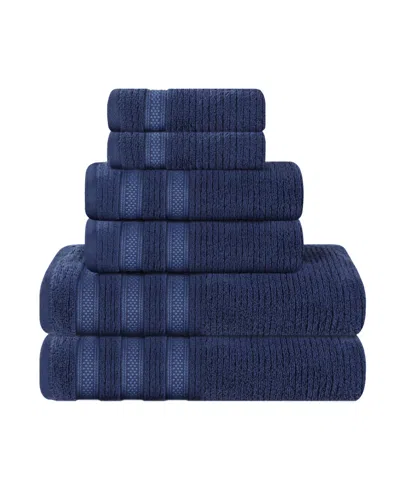 Superior Brea Zero Twist Cotton Ribbed Geometric Border Plush Soft Absorbent 6-piece Towel Set In Blue