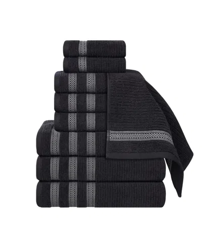 Superior Brea Zero Twist Cotton Ribbed Geometric Border Plush Soft Absorbent 9-piece Towel Set In Black