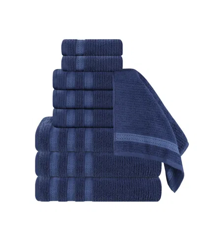 Superior Brea Zero Twist Cotton Ribbed Geometric Border Plush Soft Absorbent 9-piece Towel Set In Blue