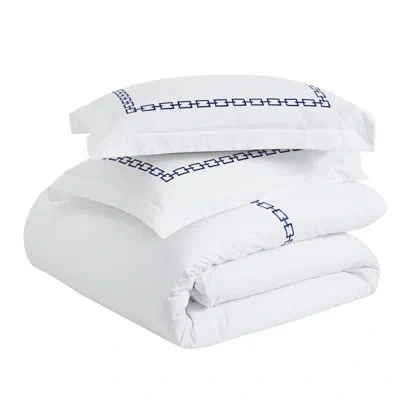 Superior Chain Links Cotton Embroidered 3 Piece Duvet Cover Set In White,navy Blue