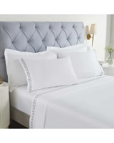 Superior Chain Links Cotton Embroidered Deep Pocket Bed Sheet Set In White