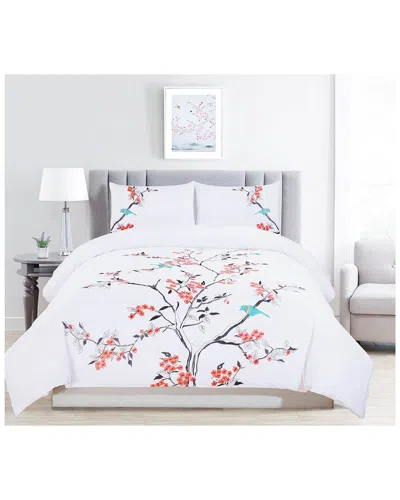 Superior Cherry Garden Button Closure Duvet Cover Set In Coral