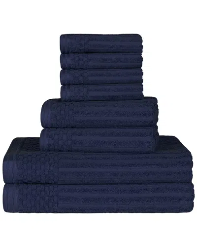 Superior Cotton Highly Absorbent 8pc Solid And Checkered Border Towel Set In Navy