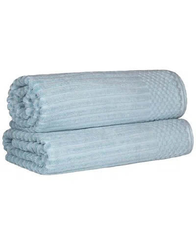 Superior Cotton Highly Absorbent Solid And Checkered Border Bath Sheet Set In Blue