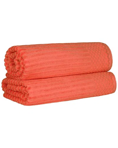 Superior Cotton Highly Absorbent Solid And Checkered Border Bath Sheet Set In Coral
