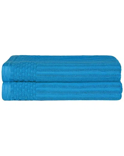 Superior Cotton Highly Absorbent Solid And Checkered Border Bath Towel Set In Blue