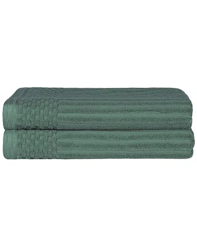 Superior Cotton Highly Absorbent Solid And Checkered Border Bath Towel Set In Green