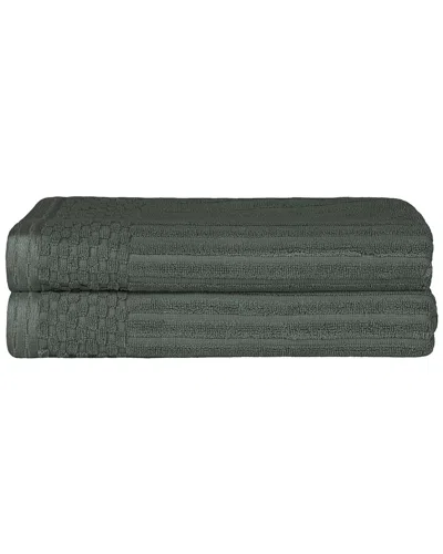 Superior Cotton Highly Absorbent Solid And Checkered Border Bath Towel Set In Green