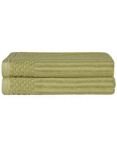 Superior Cotton Highly Absorbent Solid And Checkered Border Bath Towel Set In Green
