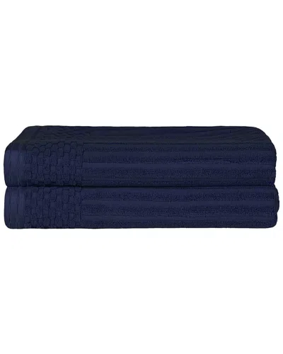 Superior Cotton Highly Absorbent Solid And Checkered Border Bath Towel Set In Navy
