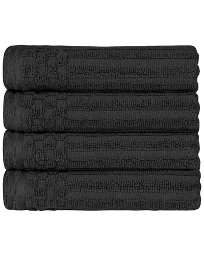 Superior Cotton Highly Absorbent Solid And Checkered Border Hand Towel Set In Black