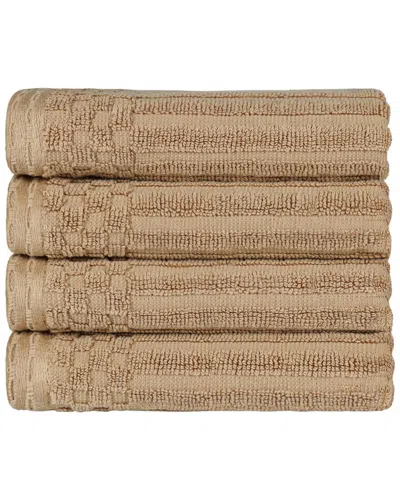 Superior Cotton Highly Absorbent Solid And Checkered Border Hand Towel Set In Coffee