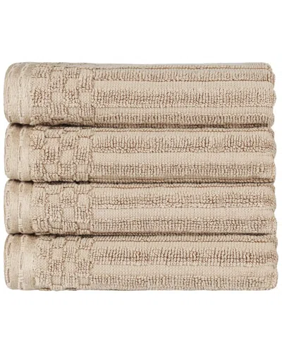 Superior Cotton Highly Absorbent Solid And Checkered Border Hand Towel Set In Ivory