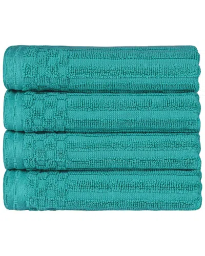Superior Cotton Highly Absorbent Solid And Checkered Border Hand Towel Set In Turquoise