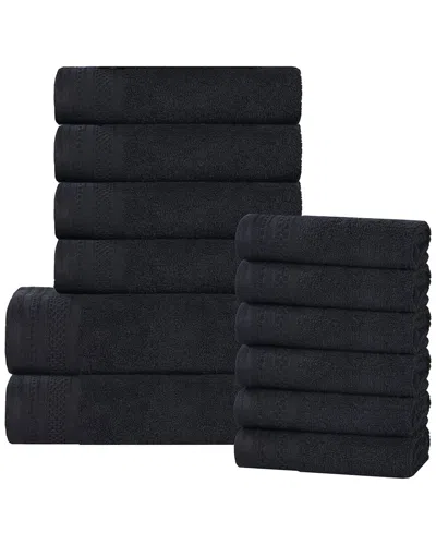 Superior Honeycomb Textured Waffle Border Cotton Medium Weight 12pc Towel Set In Black