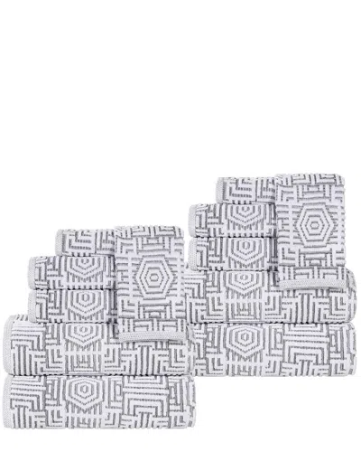 Superior Jasper Cotton Modern Geometric Jacquard Plush 12pc Towel Set In Gray