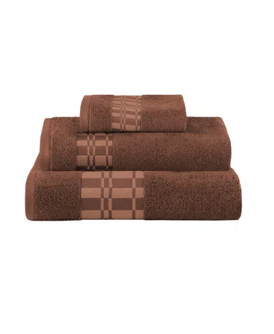Superior Larissa Geometric Embroidered Jacquard Border Cotton 3-pc. Bath Towel Set In Chocolate