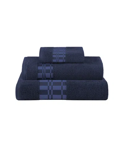 Superior Larissa Geometric Embroidered Jacquard Border Cotton 3-pc. Bath Towel Set In Navy Blue