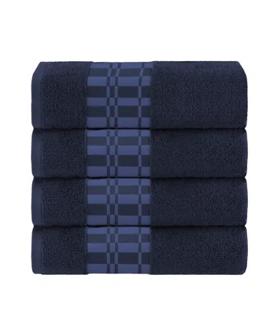 Superior Larissa Geometric Embroidered Jacquard Border Cotton 4-pc. Bath Towel Set In Navy-blue
