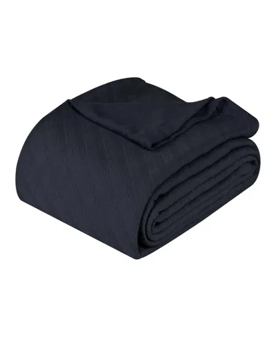 Superior Milan Cotton Jacquard Dobby Weave Textured Striped Lightweight Woven Blanket, Twin In Navy Blue