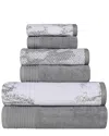 Superior Quick-drying Solid And Marble Effect 6pc Cotton Towel Set In Grey
