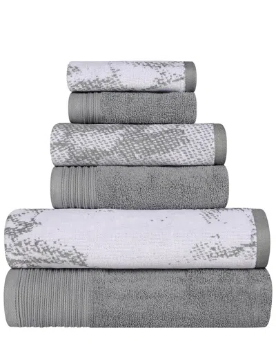 Superior Quick-drying Solid And Marble Effect 6pc Cotton Towel Set In Grey