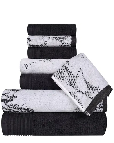 Superior Quick-drying Solid And Marble Effect 8pc Cotton Towel Set In Black