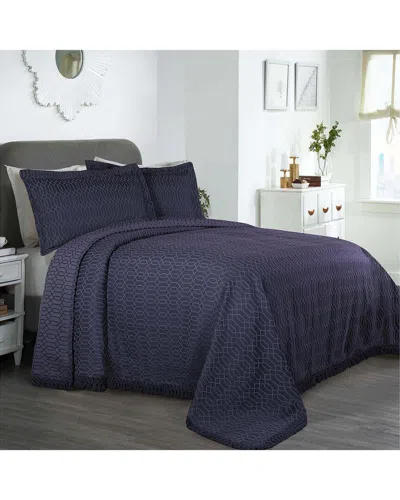 Superior Remi Jacquard Geometric Fringe Bedspread Set In Blue