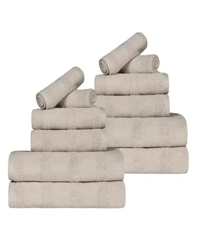 Superior Roma Ribbed Turkish Cotton Quick-dry Solid Assorted Highly Absorbent Towel 12 Piece Set In Stone