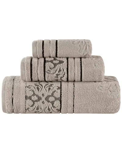 Superior Sadie Zero Twist Cotton Elegant Floral Absorbent 3pc Jacquard Towel  Set In Neutral