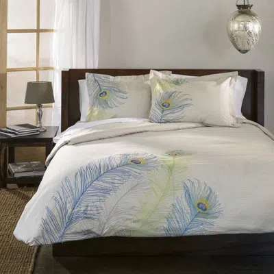 Superior Sadin Cotton Peacock Embroidered Duvet Cover Set In Blue,green