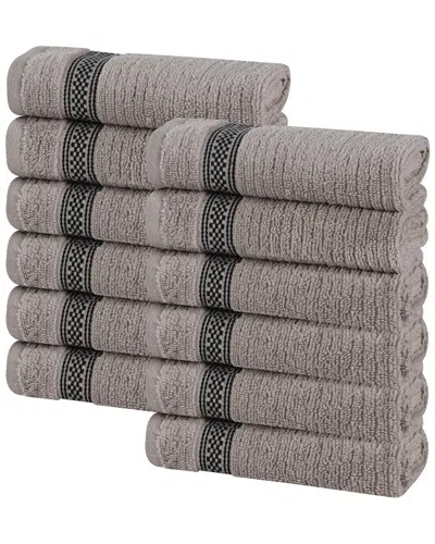 Superior Set Of 12 Brea Zero Twist Cotton Ribbed Geometric Border Plush Washcloths In Gray