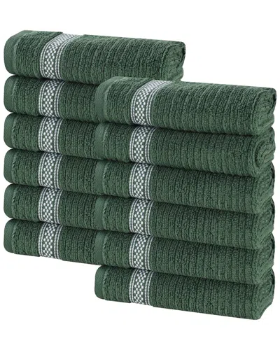 Superior Set Of 12 Brea Zero Twist Cotton Ribbed Geometric Border Plush Washcloths In Green