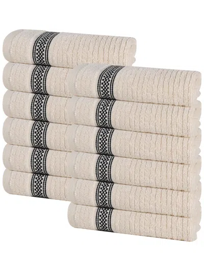 Superior Set Of 12 Brea Zero Twist Cotton Ribbed Geometric Border Plush Washcloths In Neutral