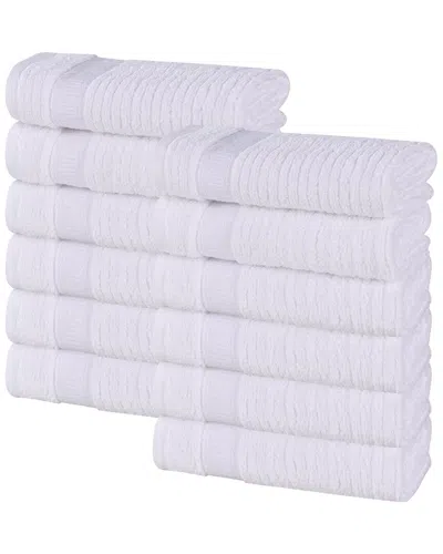 Superior Set Of 12 Brea Zero Twist Cotton Ribbed Geometric Border Plush Washcloths In White