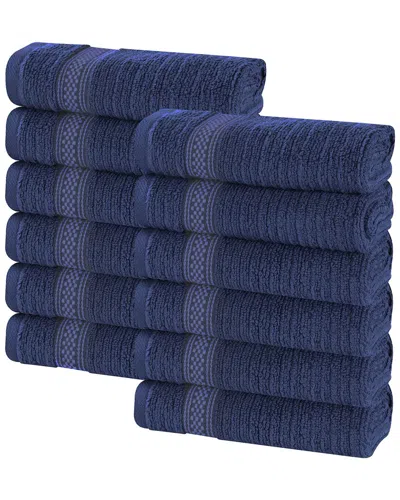 Superior Set Of 12 Brea Zero Twist Cotton Ribbed Geometric Border Plush Washcloths In Blue