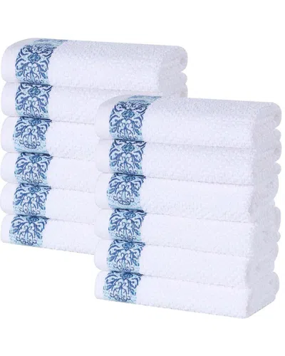 Superior Set Of 12 Medallion Cotton Jacquard Textured Face Towels/washcloths In Blue