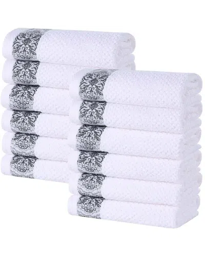 Superior Set Of 12 Medallion Cotton Jacquard Textured Face Towels/washcloths In Gray