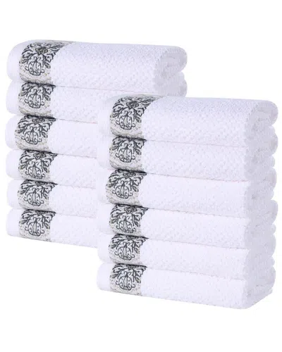 Superior Set Of 12 Medallion Cotton Jacquard Textured Face Towels/washcloths In Green