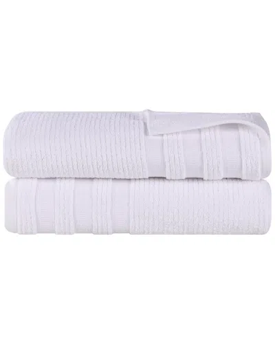 Superior Set Of 2 Brea Zero Twist Cotton Ribbed Geometric Border Plush Bath Sheets In White