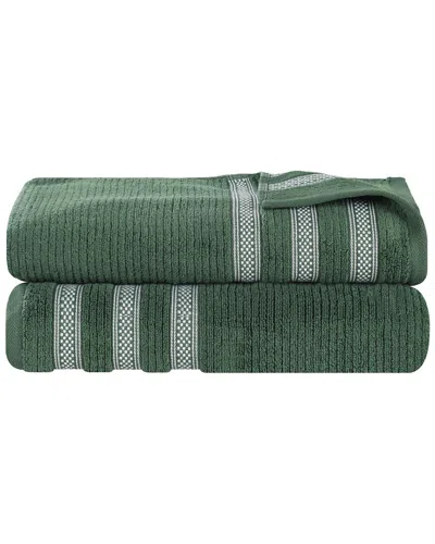 Superior Set Of 2 Brea Zero Twist Cotton Ribbed Geometric Border Plush Bath Sheets In Green