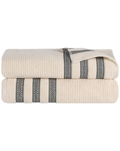 Superior Set Of 2 Brea Zero Twist Cotton Ribbed Geometric Border Plush Bath Sheets In Neutral