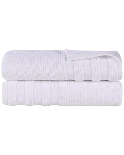 SUPERIOR SUPERIOR SET OF 2 BREA ZERO TWIST COTTON RIBBED GEOMETRIC BORDER PLUSH BATH SHEETS