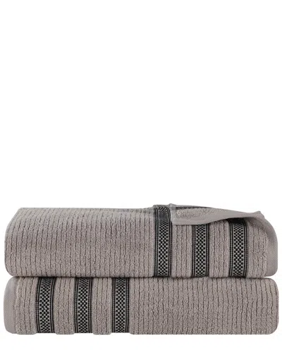 SUPERIOR SUPERIOR SET OF 2 BREA ZERO TWIST COTTON RIBBED GEOMETRIC BORDER PLUSH BATH SHEETS