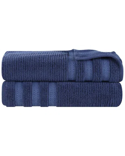 SUPERIOR SUPERIOR SET OF 2 BREA ZERO TWIST COTTON RIBBED GEOMETRIC BORDER PLUSH BATH SHEETS