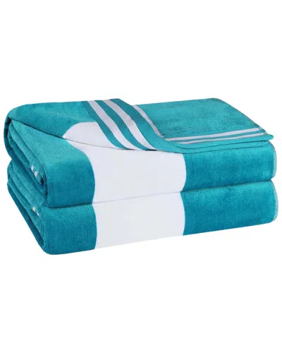 Superior Set Of 2 Cabana Stripe Oversized Cotton Beach Towels In Blue
