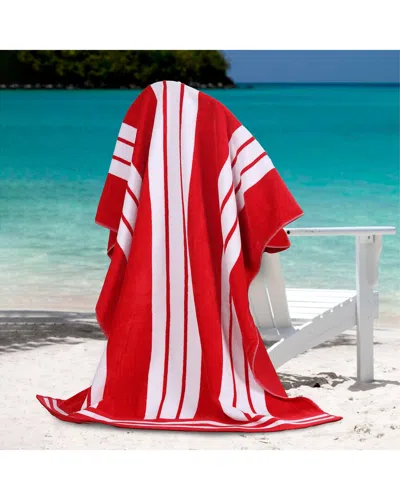 Superior Set Of 2 Cabana Stripe Oversized Cotton Beach Towels In Red