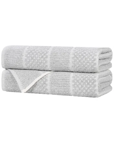 Superior Set Of 2 Naples Medium Weight Checkered & Ribbed Bath Towels In Gray